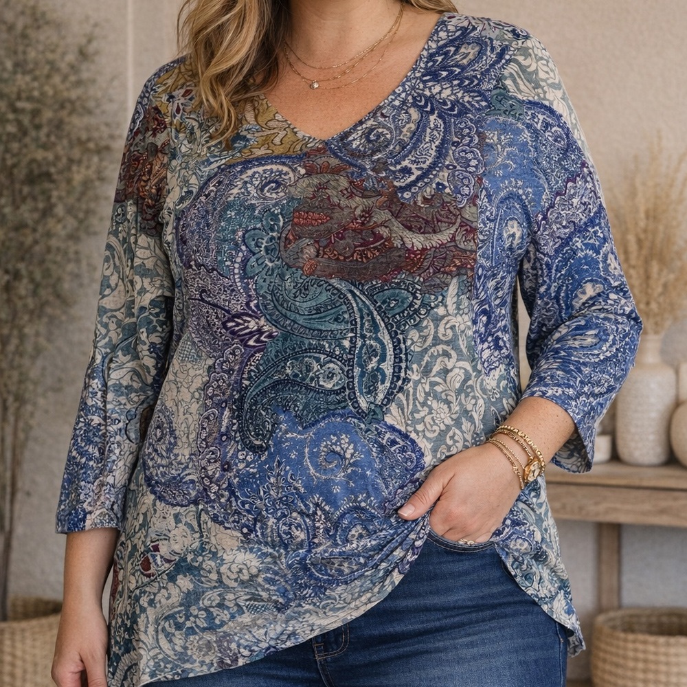 Chico’s Slub Knit Mixed Pattern Paisley V-Neck Blouse XL Boho 3/4 Sleeve Top